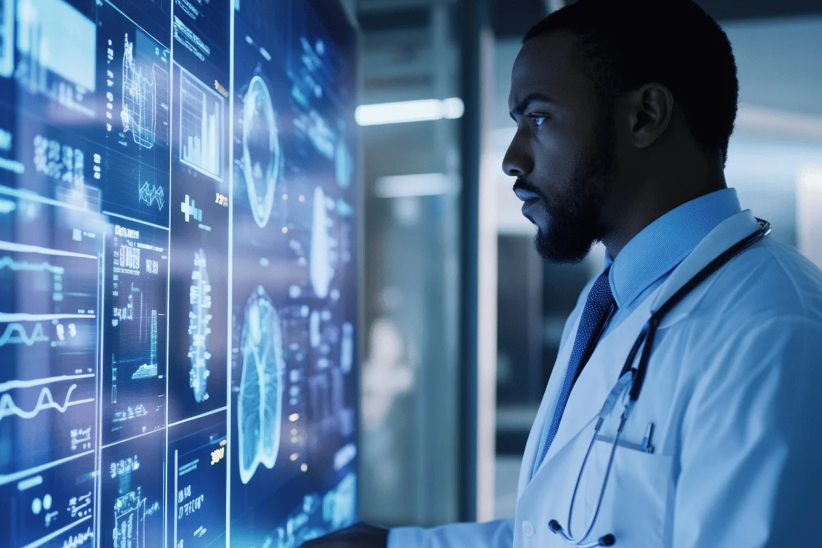 Doctor in a white coat studies medical data on a glowing digital screen.