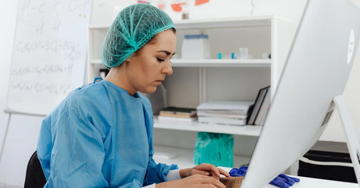 Healthcare professional in scrubs typing on laptop computer demonstrating autonomous medical coding workflow in clinical setup.