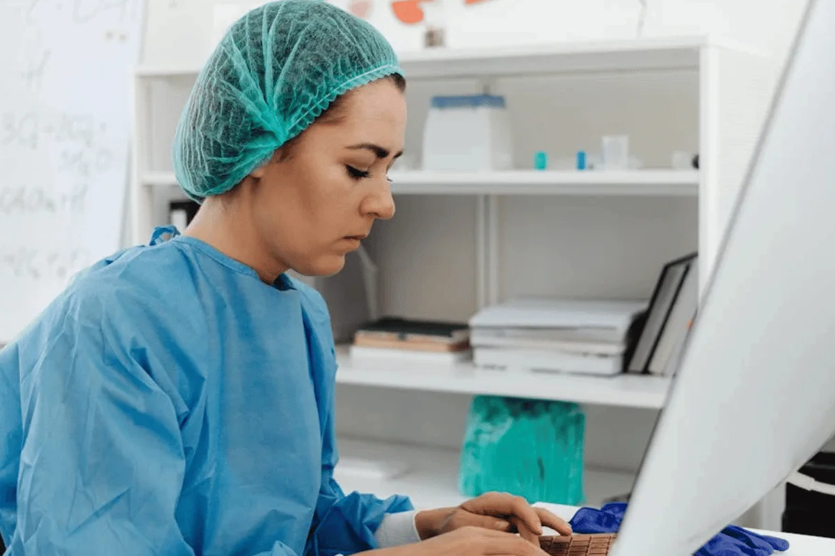 Healthcare professional in scrubs typing on laptop computer reviewing medical coding productivity standards.