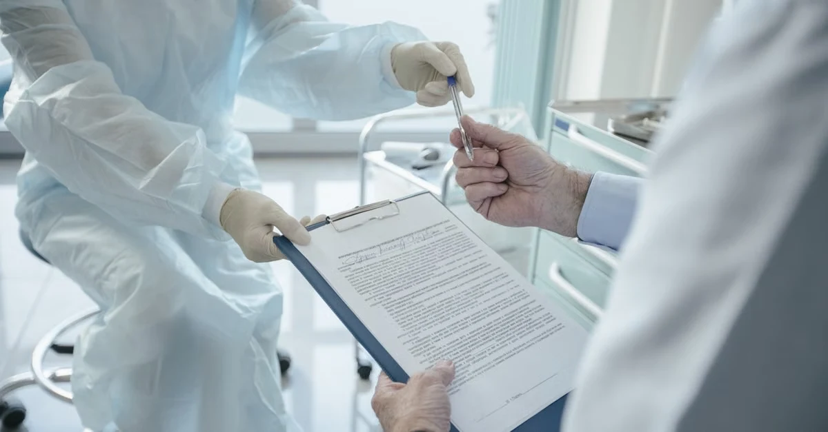 Healthcare professionals in protective gear reviewing documentation with agentic AI workflow processes.