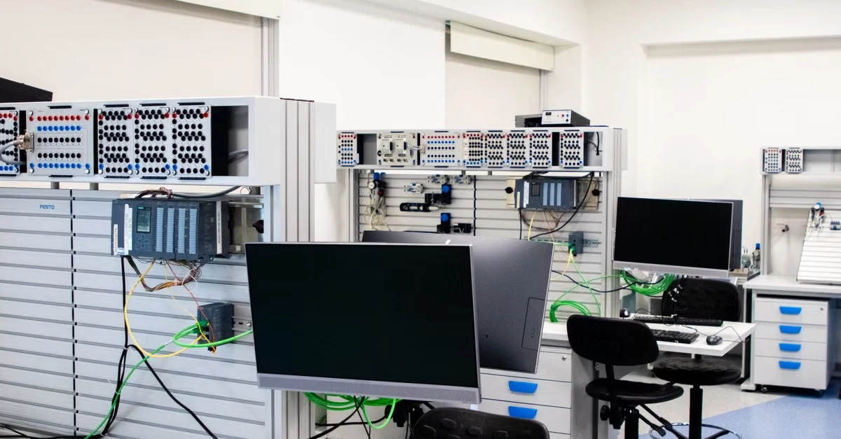Modern medical laboratory with computerized equipment and monitors displaying healthcare workflow automation systems.
