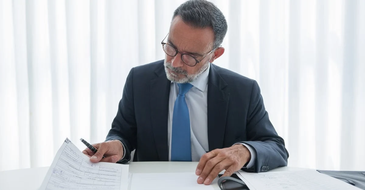 Professional reviewing medical coding documentation with pen and papers at desk.